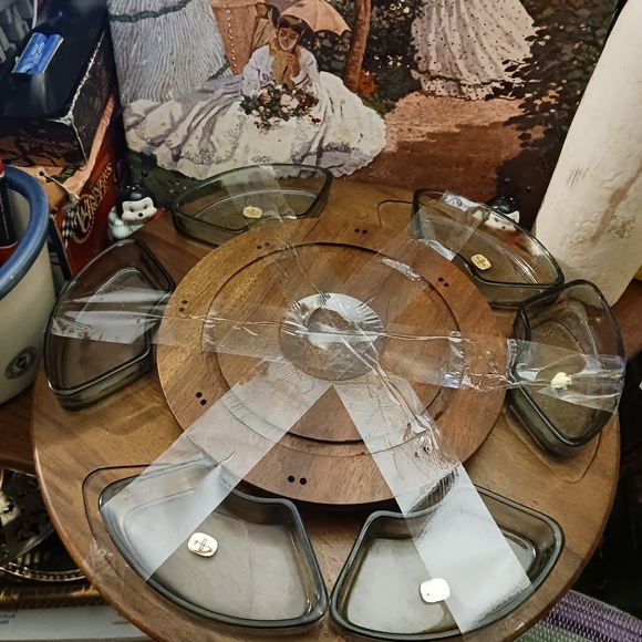 πͺ΅HIGHEND Japan Made Lazy Susan Serving Tray Vintage Heavy Wood&Glass Turnstile. - Picture 4 of 8